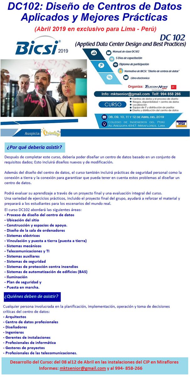 PeruTelecom's tweet image. Curso BICSI DC102 En exclusivo para Lima-Perú
Desarrollo del Curso: del 08 al 12 de Abril en las instalaciones del CIP en Miraflores, Informes: mktsenior@gmail.com y al 994- 858-266