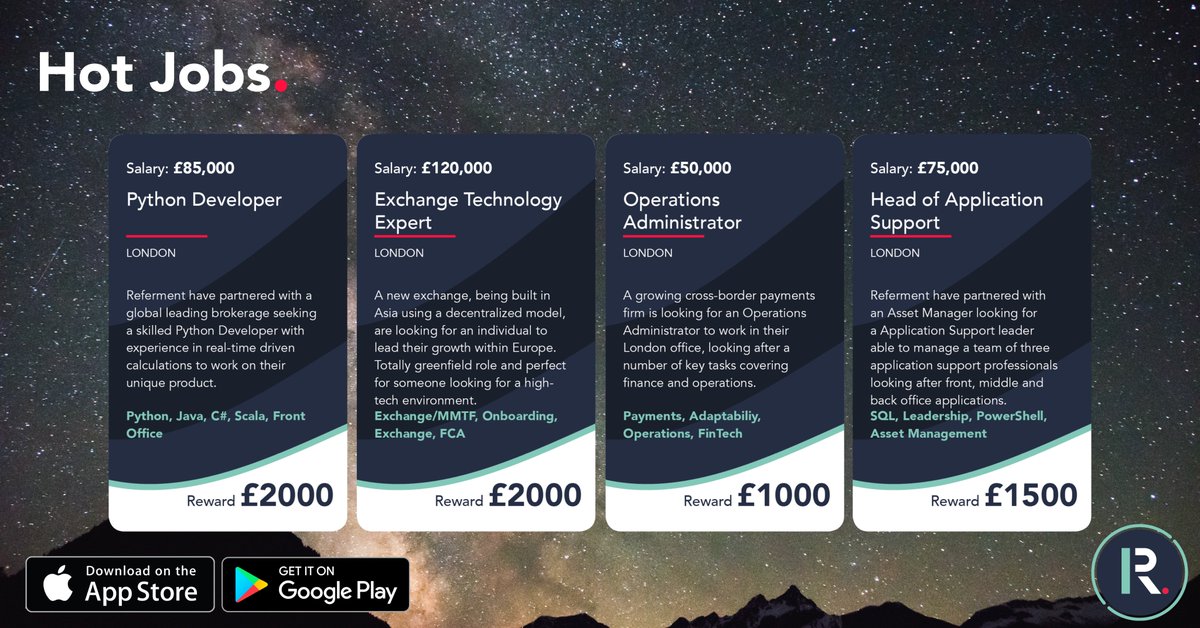 tamaryn_france's tweet image. Quick overview of this weeks hot jobs 🔥 #Hotjobs #python #exchangetech #operations #admin #appsupport #Referment #Fintech #Referandearn Visit referment.com or contact me directly on tamaryn@referment.com if you need any further info!
