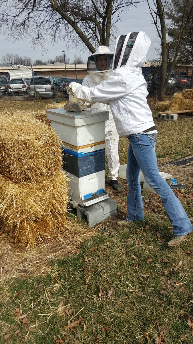 Zack and Izzy were in the hives today adding sugar water to initiate brood production. #fcpscte #thinkspring #gotskills