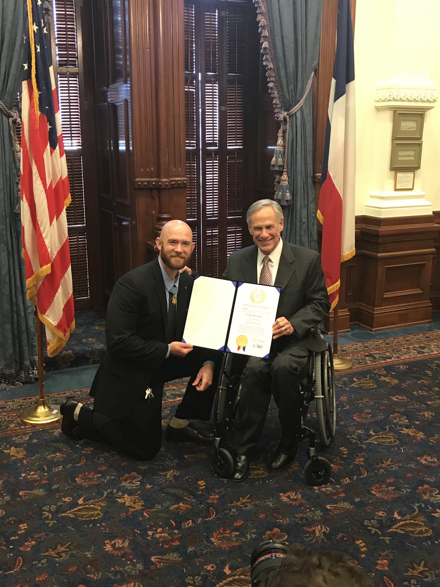 tymcartermoh's tweet photo. It’s official! Texas Governor @GregAbbott_TX declared me an Honorary Texan. Thanks to Governor Abbott for this honor and to @JCyrier, @KirkPWatson and Brandon Hamrick for being there.
#texas #texaslife #usarmy #usmc #medalofhonor #semperfi https://t.co/BxJvObFJtt