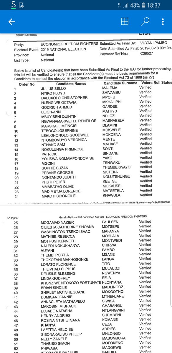 POWER987News's tweet photo. BREAKING NEWS - The EFF is the first political party to release its list of candidates ahead of the national and provincial elections... If it gets the vote, here is who is first in line to occupy a seat for the #EFF in Parliament... #Elections2019 https://t.co/qsX9zYfBPf