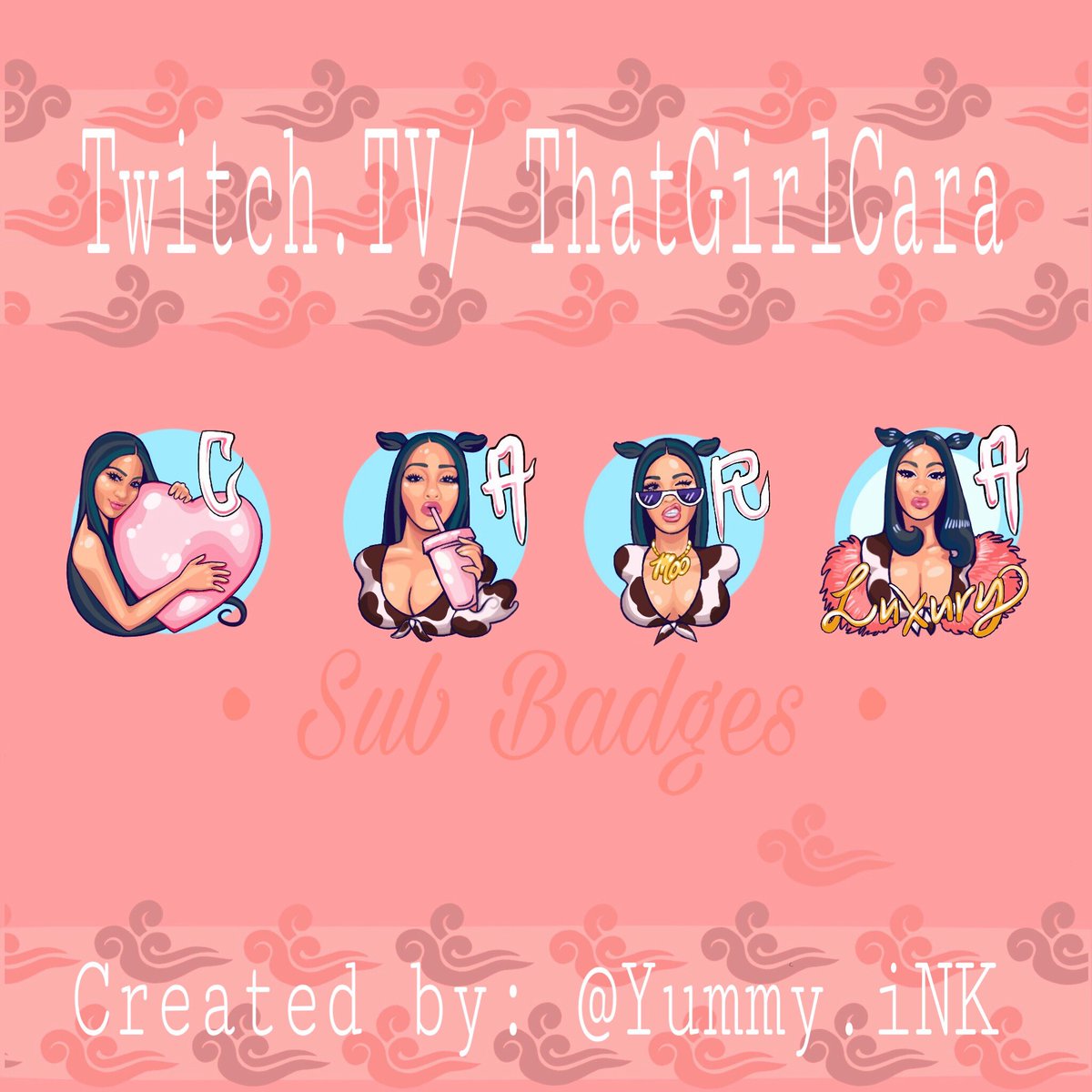 yummy_ink's tweet photo. ๐จSUB BADGE ALERT๐จ
Created these custom badges for https://t.co/9R2vba8UmX and her #MooSquad community. Artwork that represented the quirky yet beautiful personality! #LuxuryLiving ! DM me for your emote/badges/art logo etc needs.
#yummyink #twitchemotes #emoteartist #twitch https://t.co/igx2WUrZj4