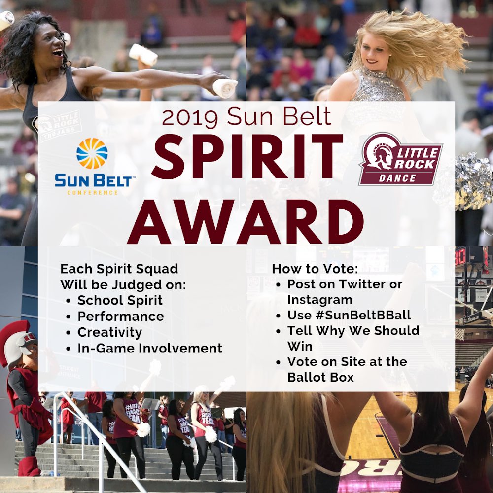 LittleRockDT's tweet photo. Help us reclaim our Best Sun Belt Spirit Squad title! ❤️ Use #SunBeltBBall on Twitter and Instagram to tell everyone why we should win! 🥰 Every vote counts! 🥳 #LittleRocksTeam #LRDTWAAC https://t.co/kRE4NkA5So