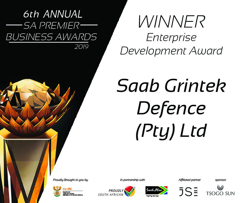 Fourth Award of the evening is Enterprise Development Support Award and it goes to Saab Grintek Defence (Pty) Ltd

<a href="/the_dti/">Technical Information Center</a> <a href="/ProudlySA/">Proudly South African</a> <a href="/Brand_SA/">@Brand_SA</a>

#SAPBA19