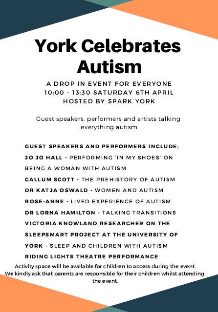 ProAutism's tweet image. Great #Yorkcelebratesautism event to raise awareness of #autism on Sat 6th April @SparkYorkCIC &amp;amp; @CityofYork @TheRetreatYork @YorkStJohn - loads of great activities for kids, drama and info sessions by #ActuallyAutistic speakers! Everyone is welcome!