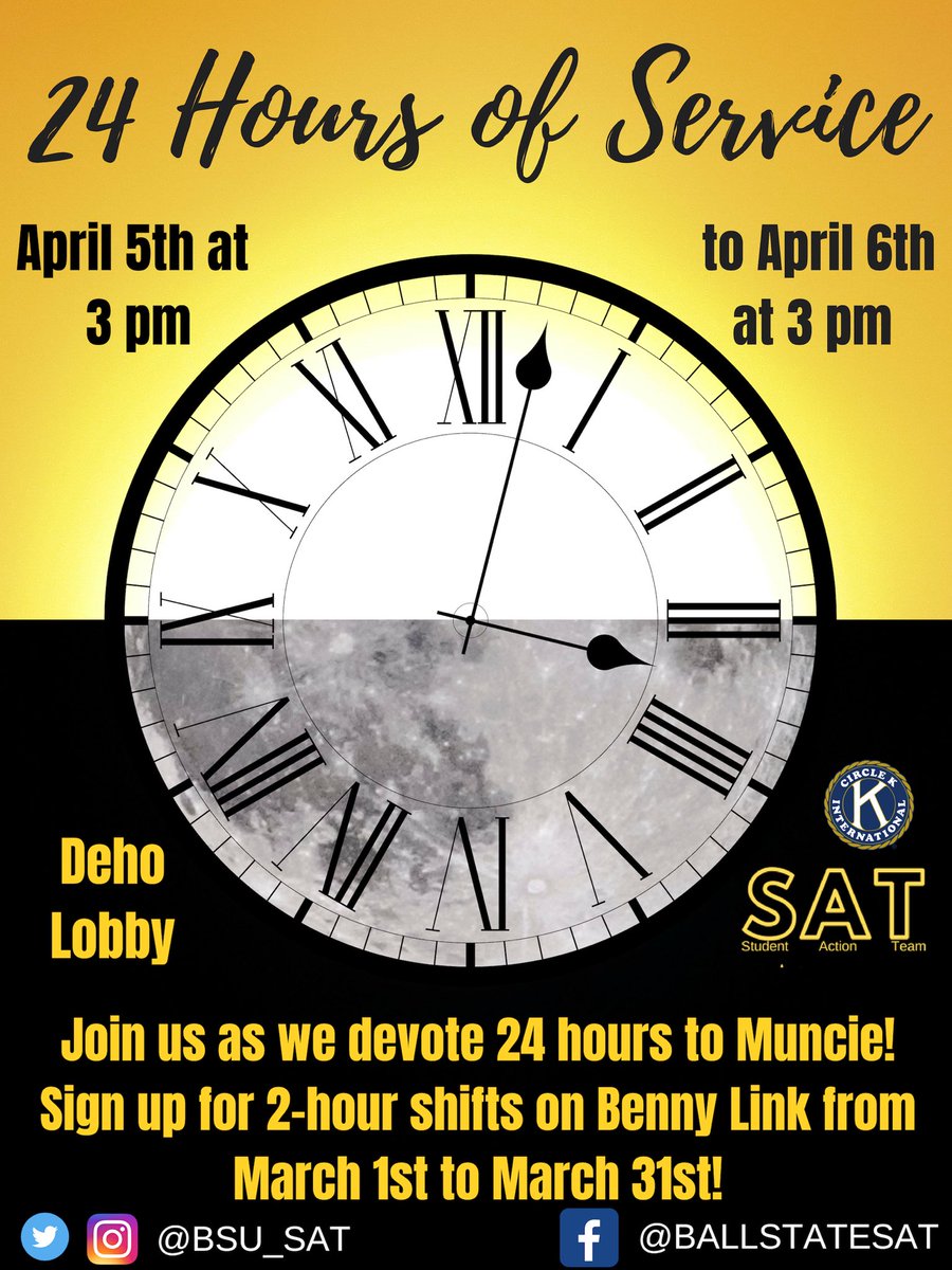 sat_bsu's tweet photo. Students who are in need of community service hours, this is right for you!! You can sign up for a two hour time shift (you can do more than one) until March 31st! 24 Hours of Service April 5th through April 6th from 3pm to 3pm in the DeHority lobby! We hope to see you there! https://t.co/YsXVXhSFfP
