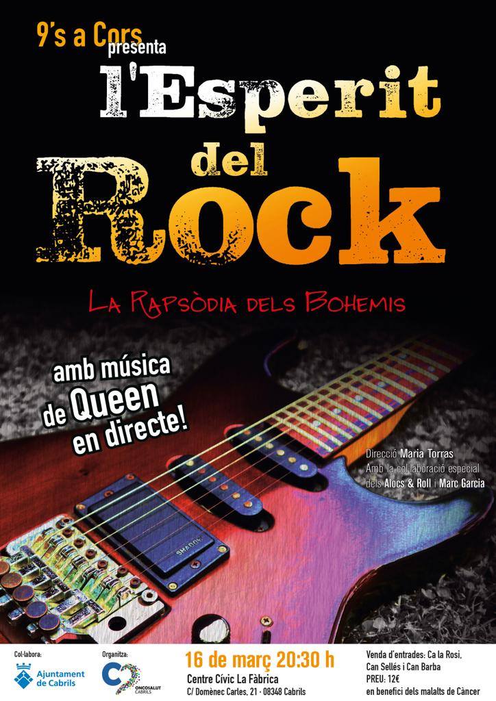 oncosalut's tweet photo. Aquest dissabte us proposem una activitat musical i solidària!
L'esperit del Rock, del grup 9's A Cors, amb música de #Queen en directe. 
Dissabte 16 de març a les 20:30 a La Fàbrica (#Cabrils). La recaptació anirà destinada a la nostra activitat contra el #càncer. Us hi esperem! https://t.co/kI3ZXClMu3