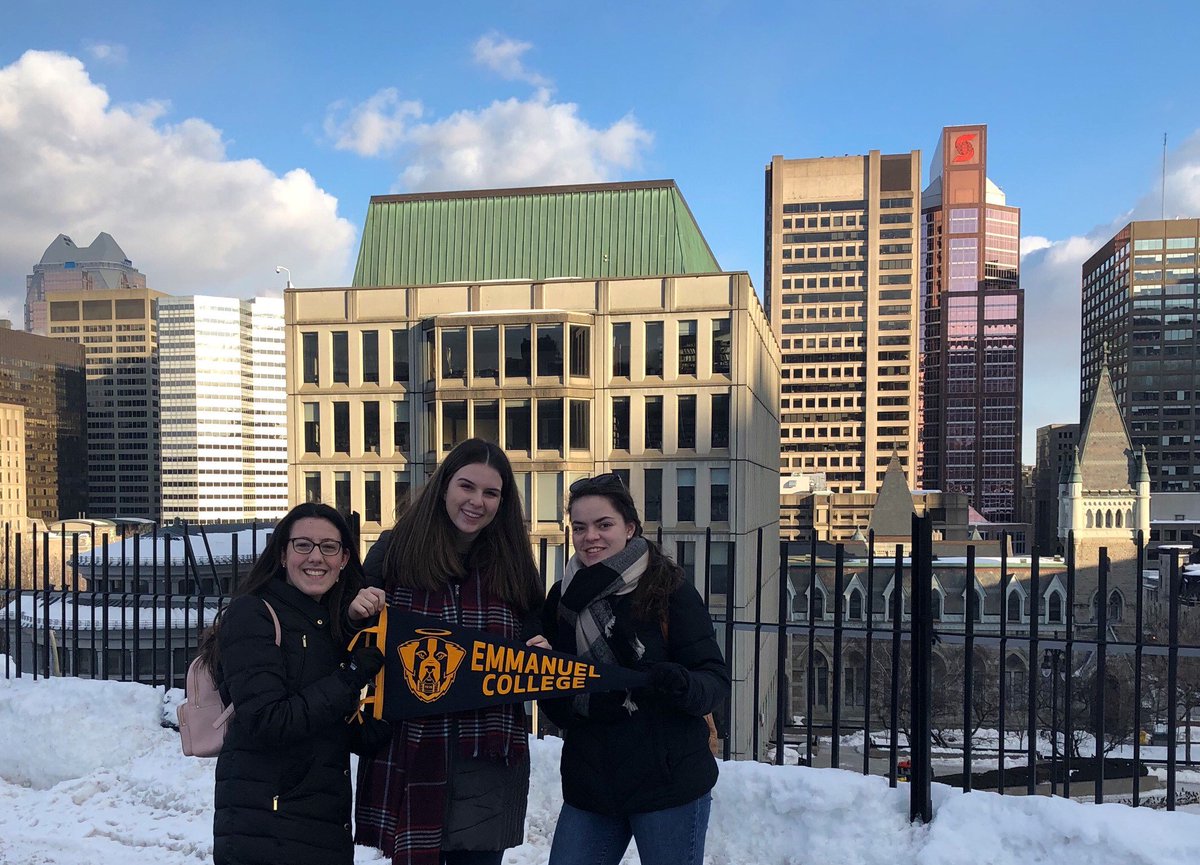 HaloEC's tweet photo. Saints Scanning the Globe! Deandra, Edelina and Rebecca showing their school pride in Montreal, Canada! #EmmanuelCollege https://t.co/XOXgrlcTdv