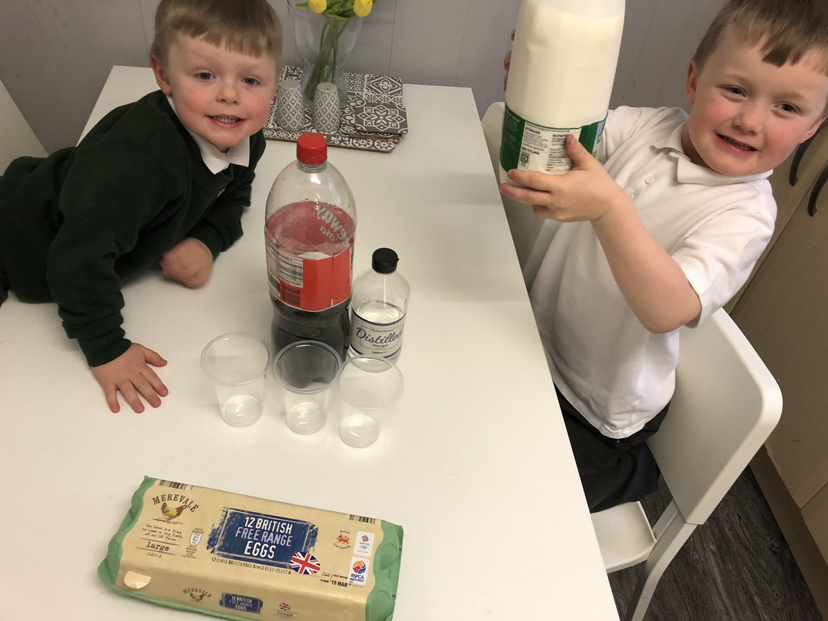 lisha21wilde's tweet photo. Archie & Reggie’s science experiment. They put 3 eggs into cups of white vinegar,coke and milk. But what will happen to the shells? We will have to wait and see! #SJSBScienceSelfie #Scienceweek @whalley_mr https://t.co/J812nV0l3z