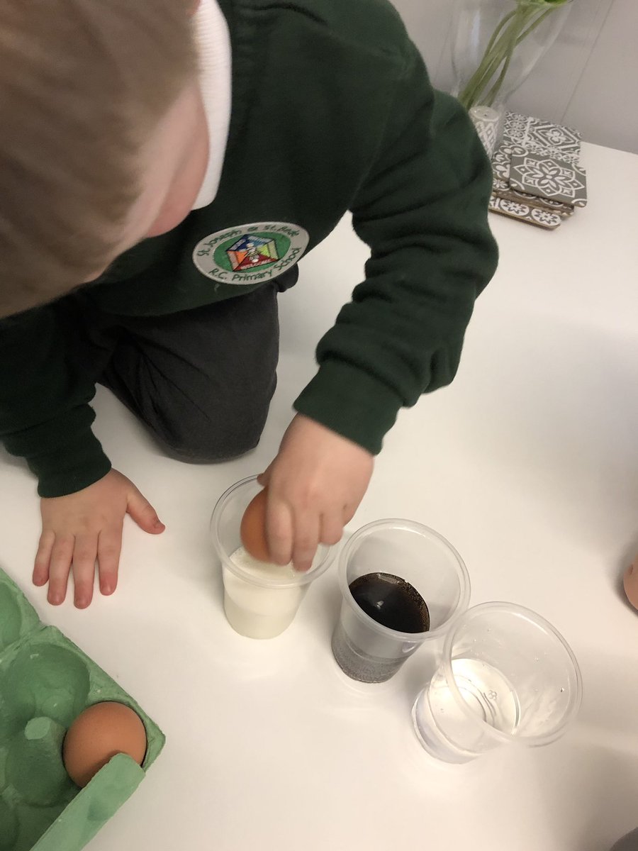 lisha21wilde's tweet photo. Archie & Reggie’s science experiment. They put 3 eggs into cups of white vinegar,coke and milk. But what will happen to the shells? We will have to wait and see! #SJSBScienceSelfie #Scienceweek @whalley_mr https://t.co/J812nV0l3z