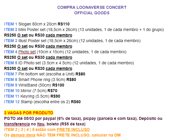 OlafsElsa's tweet photo. [COMPRA - LOONAVERSE CONCERT OFFICIAL GOODS]

RT PLEASE

APROVEITE 10% DE DESCONTO ATÉ 01/04

👉 Atenção a imagem com as informações 

👉 Qualquer dúvida, pedido ou reserva chame na dm

👉 1 produto disponível de cada 

#LOONAVERSE #LOONAIsComingBack 
#LOONA #LOONA_BUTTERFLY https://t.co/WucFPAxv9x