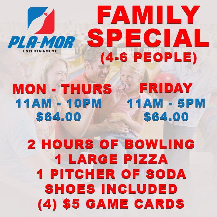 plamorlaredo's tweet photo. Enjoy your Spring Break by taking advantage of our Family Special!
For 4-6 people (!!!), pay $64 for 2 hours of bowling, 1 large pizza, 1 pitcher of soda, shoes, and 4 $5 Game Cards!
Mon-Thurs 11AM-10PM & Fri 11AM-5PM.
#livemor #laughmor #eatmor #plamor #laredotx #springbreak https://t.co/mfAYn8X4bl
