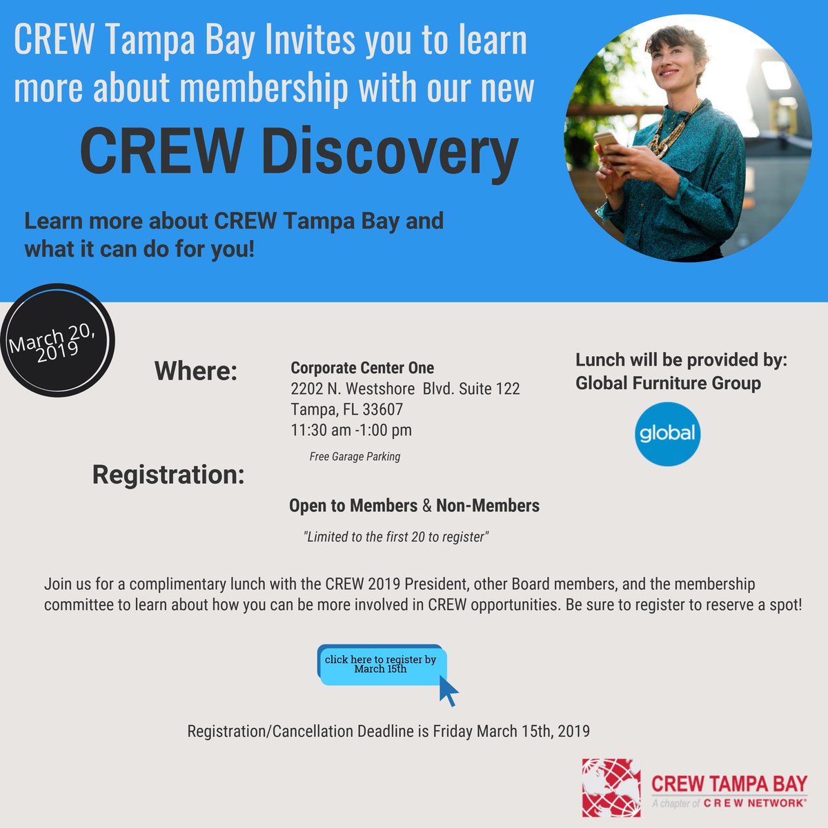 Want to learn more about CREW Tampa Bay and what it can do for you ? Make sure to register space is limited and lunch will be provided by Global Furniture Group! Click the Link below to register lnkd.in/ejPcfiG