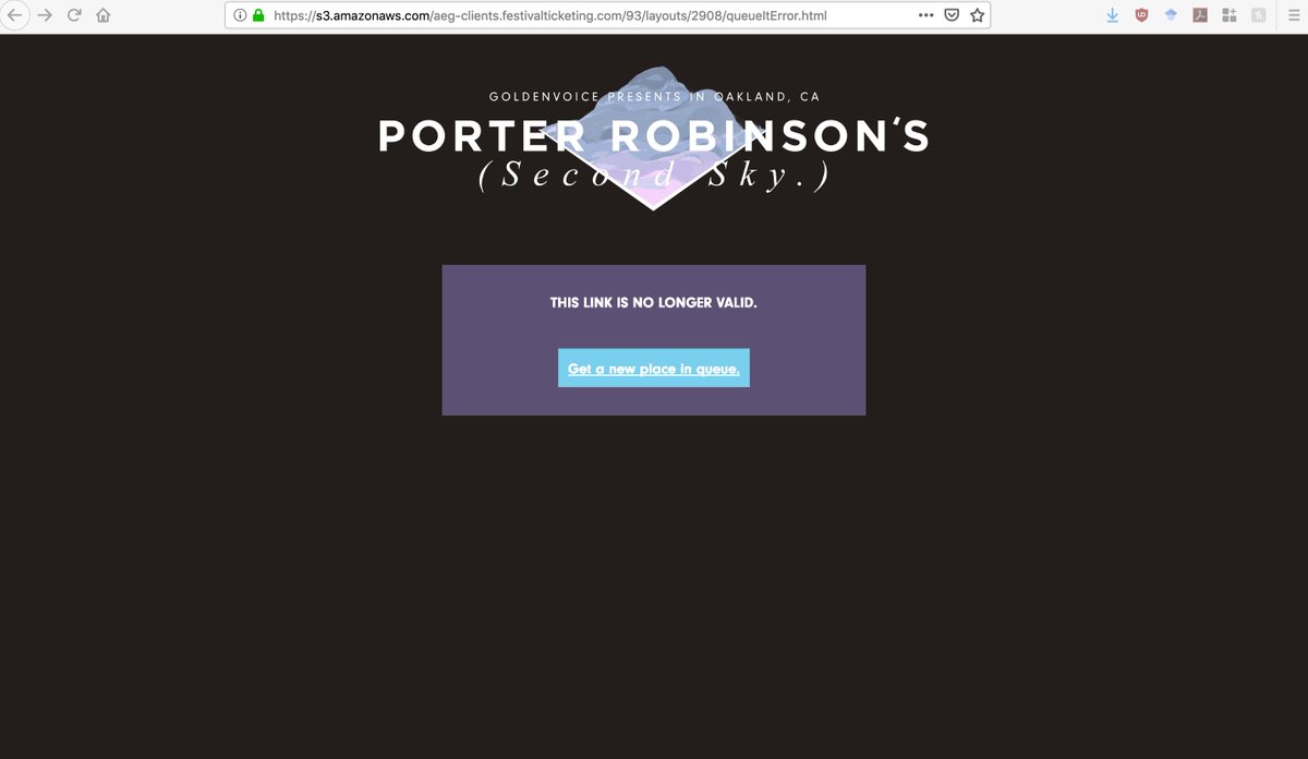 adio95's tweet photo. @porterrobinson I had waited in line to get my tickets and when it was my turn I was redirected to the website but it said that authorization had failed??? https://t.co/BnTOD6omhu