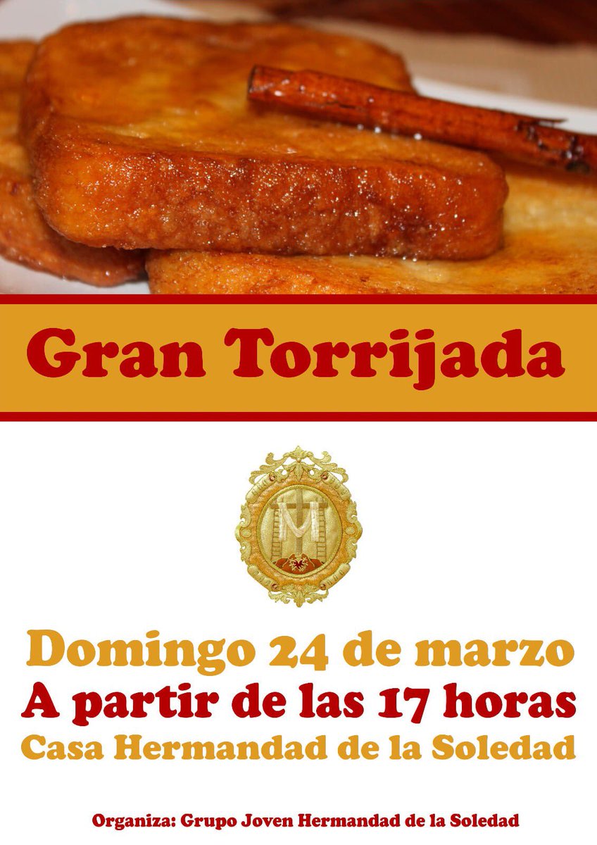 📢El próximo Domingo 24 de Marzo, a partir de las 17 horas, en la Casa Hermandad de la Soledad de Olivares,  "Gran Torrijada “
Lo recaudado se destinará , para sufragar los gastos de ejecución de las nuevas ánforas, para los entrevarales, del paso de Nuestra Señora de los Dolores
