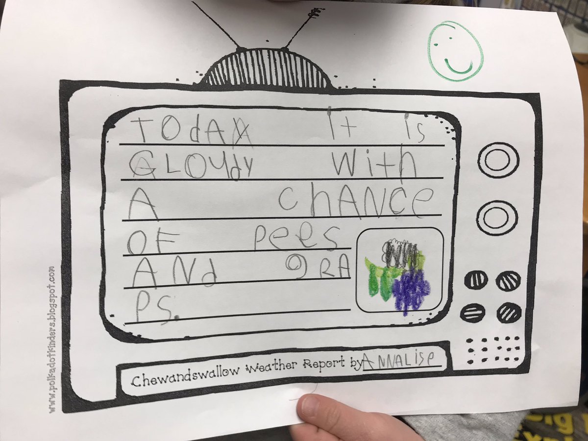 MWitles's tweet photo. Have you read the weather report for today? We have been writing our weather reports. Be on the look out for some wild weather! #AACPSAwesome #LearninginK #cloudywithachanceofmeatballs https://t.co/c31jTUG0GD