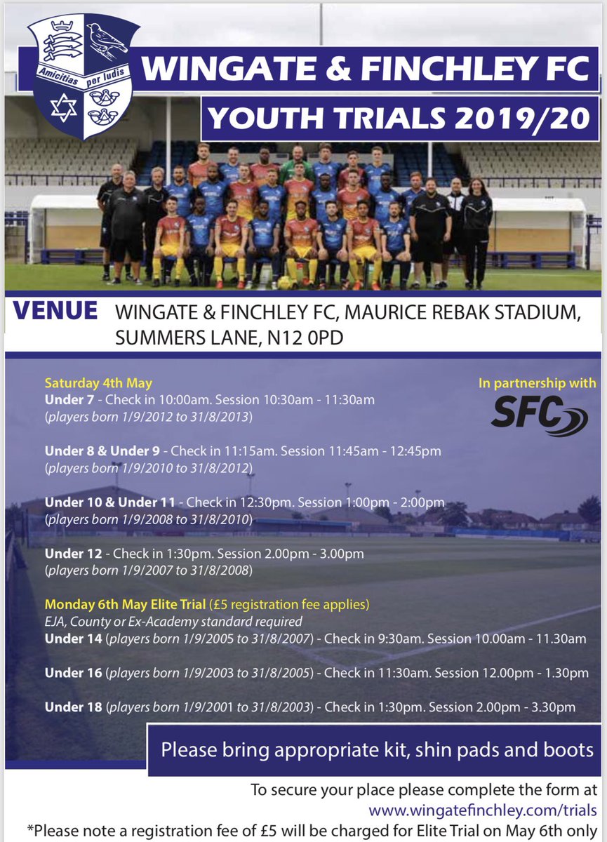 YOUTH TRIALS: Wingate &amp; Finchley’s trials are to take place on 4th and 6th May 2019. Book your place now to avoid disappointment!

See poster attached for more details!

#TeamWingate