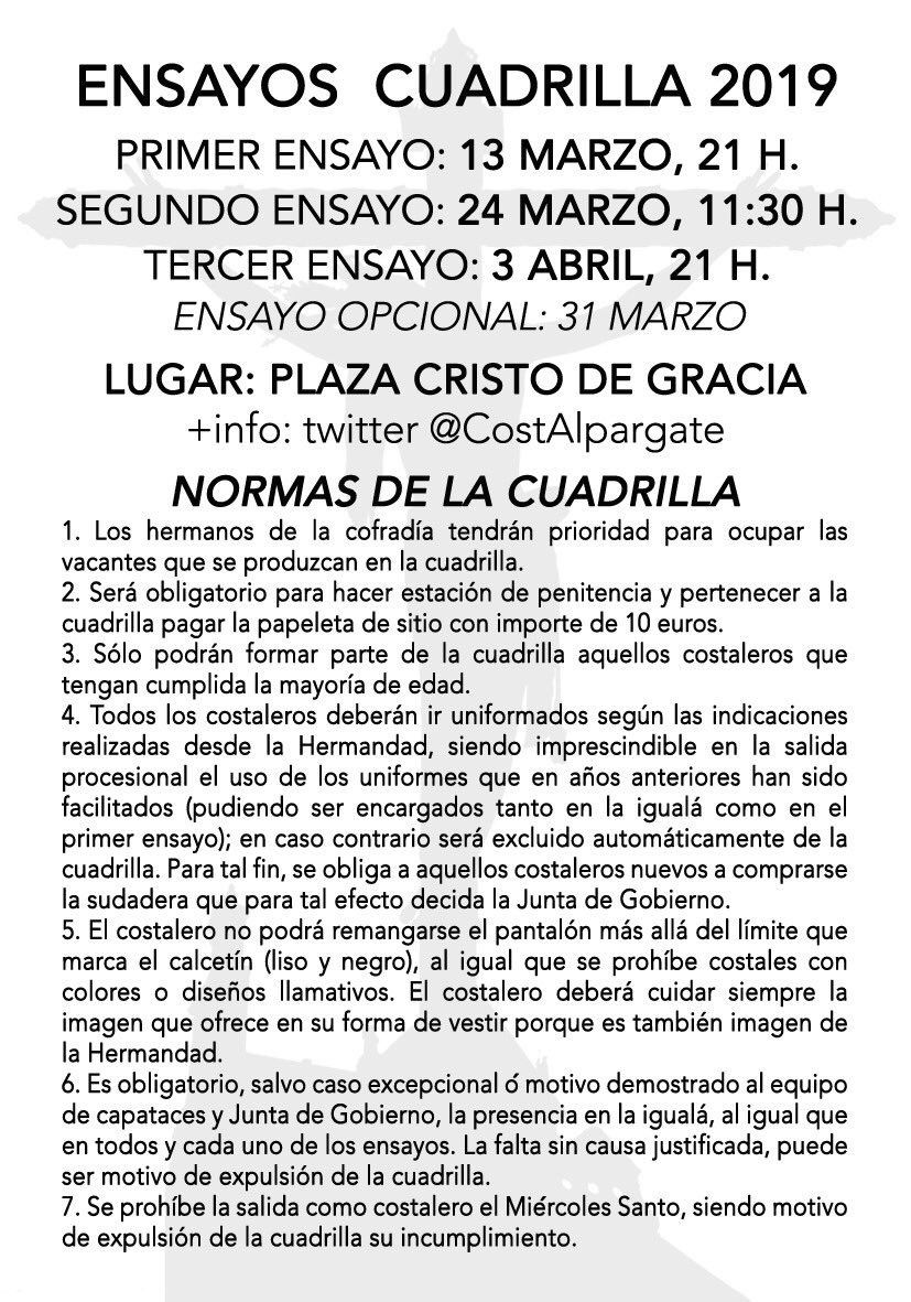 CostAlpargate's tweet photo. Hoy a las 21 horas, primer ensayo de la cuadrilla de costaleros del Santísimo Cristo de Gracia. Se ruega puntualidad. https://t.co/yWesA1EUIl