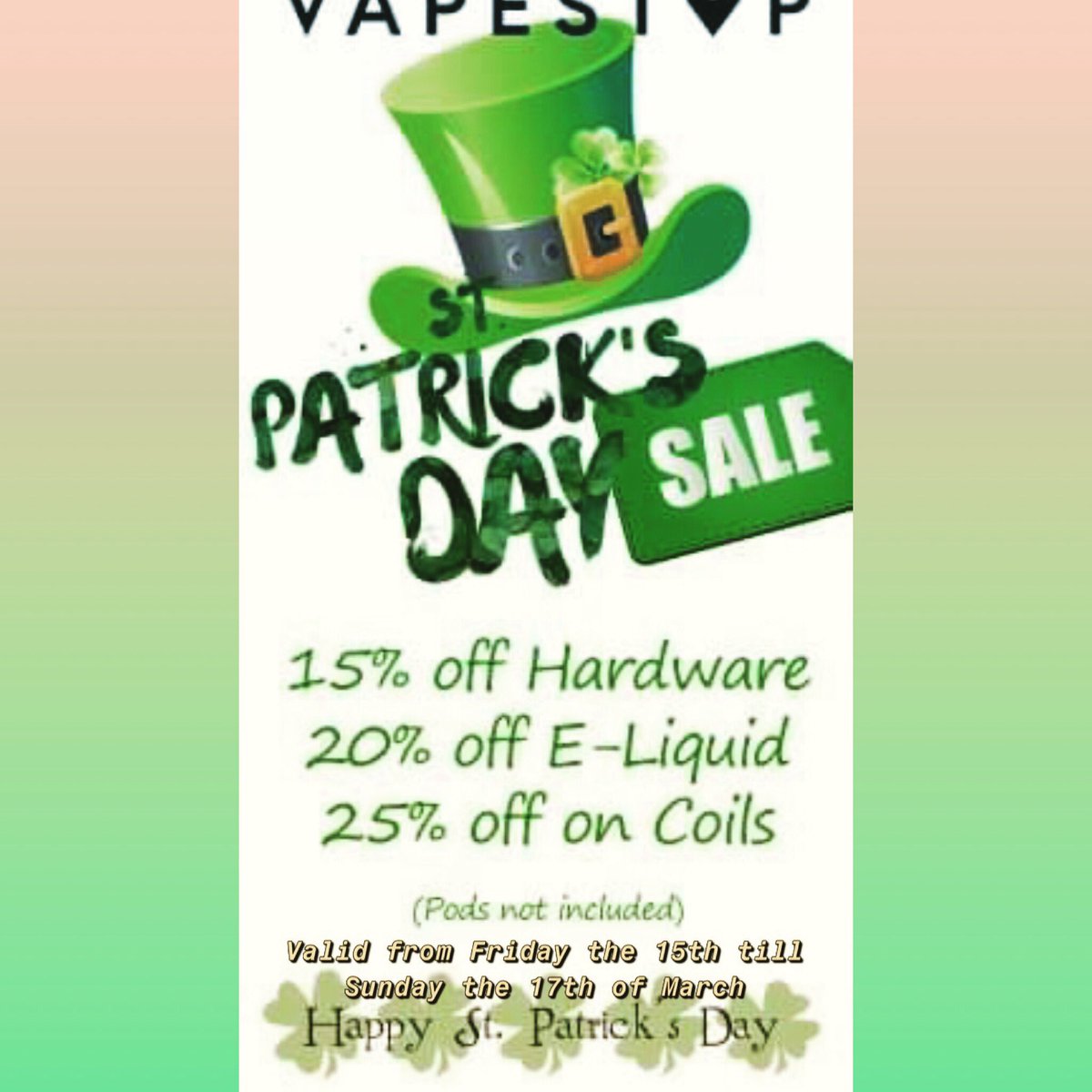 GoVapeStop's tweet image. Happy saint paticks day! Come hang with us this weekend! #vapelife #vapeon #vaper #vapedaily #vapeshop #vapefamily