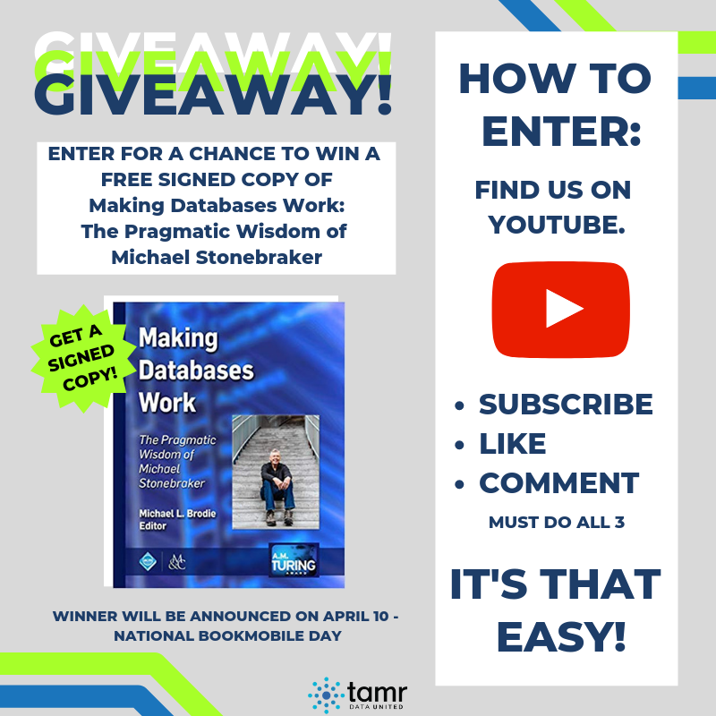Tamr_Inc's tweet photo. It's #giveaway time! Be sure to RT and enter!!! #databases #ai #data #datascience #michaelstonebraker #machinelearning https://t.co/mO8P167dip