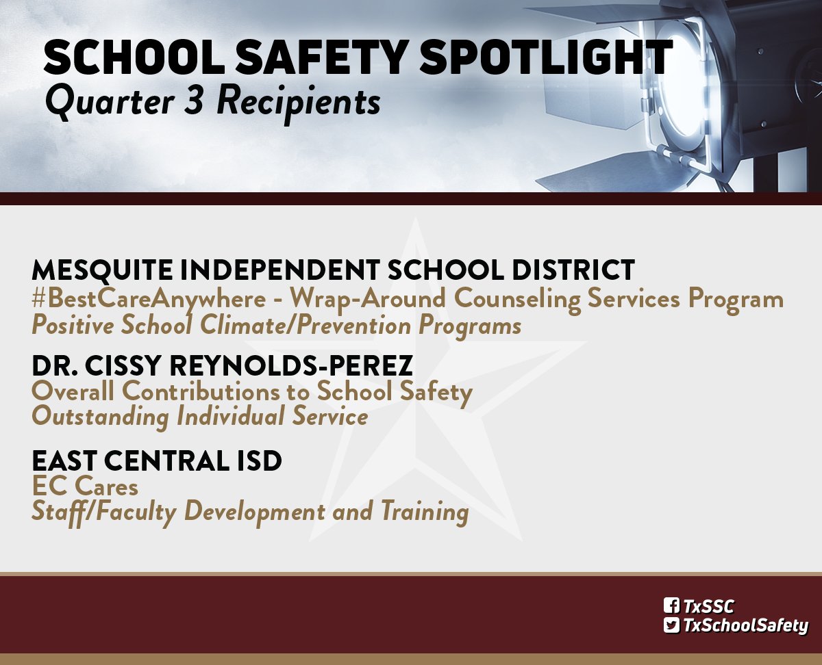 Congratulations to our #SchoolSafety Spotlight Recipients for Quarter 3! Keep up the great work! To learn more about these outstanding individuals and projects or to nominate a school, district, or colleague for Quarter 4, visit txssc.txstate.edu/tools/ss-spotl….