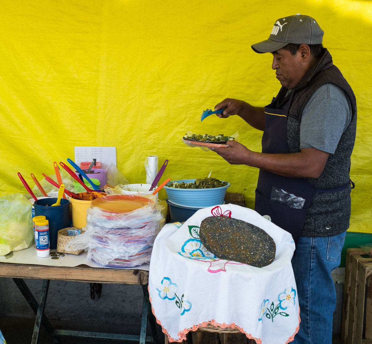 Mexico City Tlayudas are a totally different experience than the ones we are used to in Oaxaca.  They are made with coarse cracked corn and are crispy like a tostada.   This was served with roasted chiles and crumbled cheese.  So delicious!  @thecuriousmexican