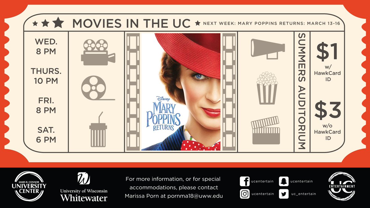uc_entertain's tweet photo. Make sure you Poppin to Summer's Auditorium TONIGHT to see @MaryPoppins2018 for only $1 with your Hawkcard and $3 without AND we accept purple points! #intheUC #MovieNight https://t.co/l4UePNhECE