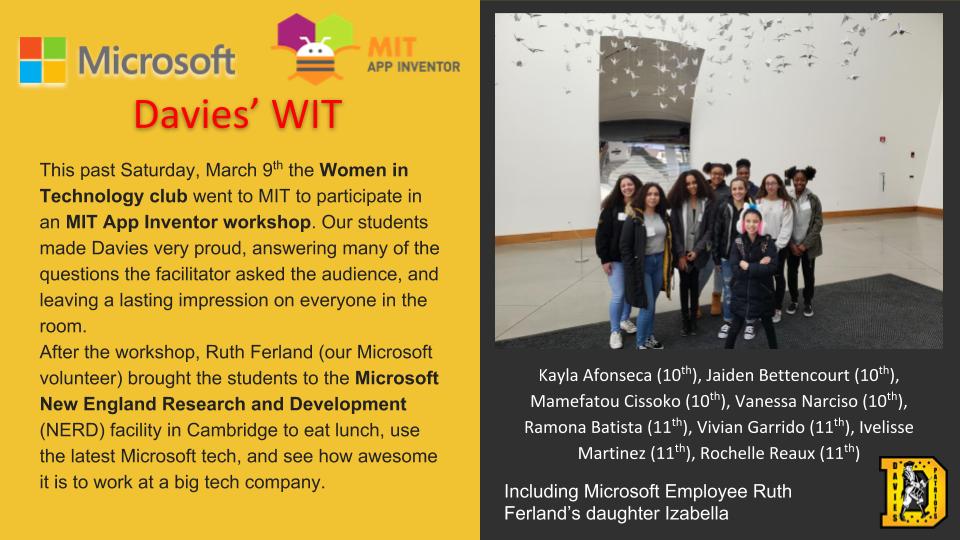 DaviesTechHS's tweet photo. Davies' Women in Technology club stood out at @MIT's App Inventor event Saturday. Then they visited @MSNewEngland's NERD center to see their potential future! Way to go!
#preeng #preengineering #cte #Careerandtech #ri #publiceducation #rhodeisland @RIDeptEd #futureengineers #wit https://t.co/8RLRSAFUV6