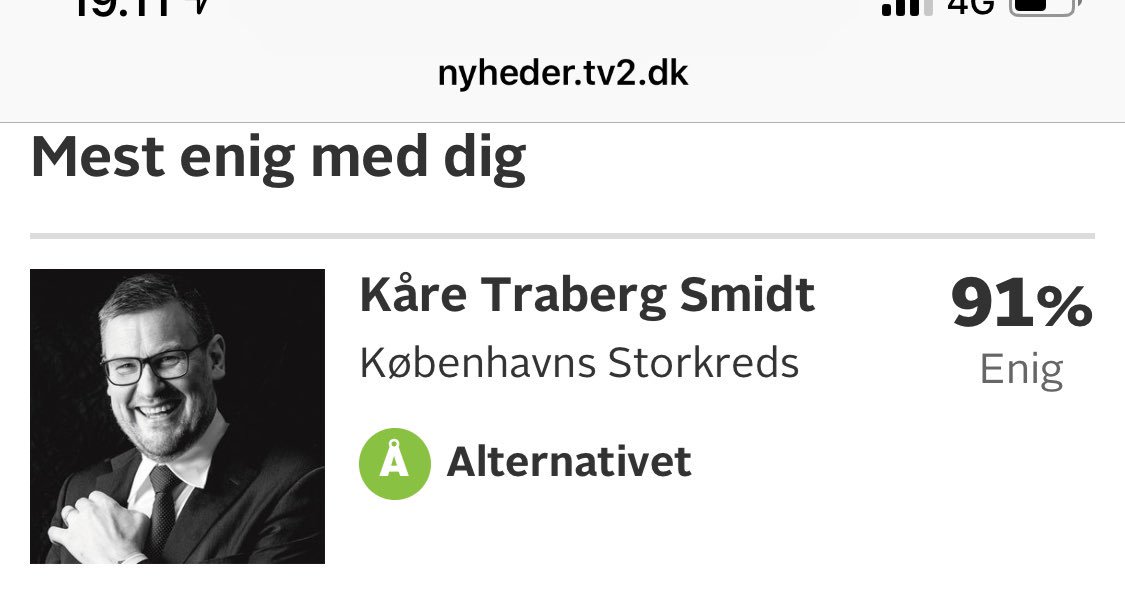 kaaretraberg's tweet photo. Ikke helt overraskende er jeg mindst enig med @DanskDf1995 og pyha, mest enig med mig selv. Hvad mon de sidste 9% er? #scheize #dkpol #ft19 https://t.co/wlkrWj9CNM