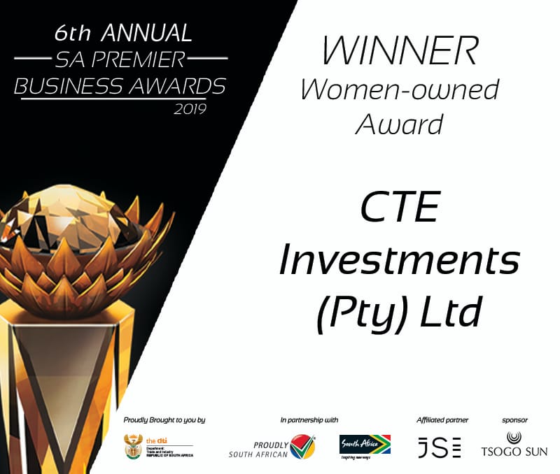 Third award is Women Owned Business Awards and it goes to CTE Investment (Pty) Ltd

<a href="/the_dti/">Technical Information Center</a> <a href="/ProudlySA/">Proudly South African</a> <a href="/Brand_SA/">@Brand_SA</a>

#SAPBA19