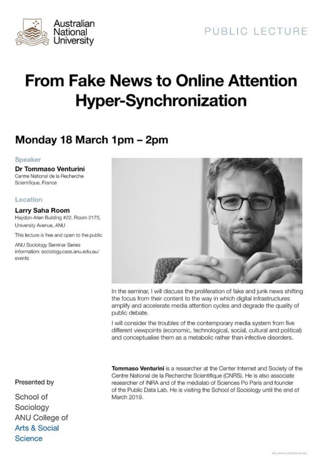 vosonlab's tweet image. RSSS visiting fellow @TommasoVenturin will be presenting the masterclass &quot;From fake news to online attention hyper-synchronisation&quot; on Mon 18, 1-2pm, Larry Saha room, School of Sociology. The lecture is free and open to the public! @ANU_SOCY @RobAckland @vosonlab