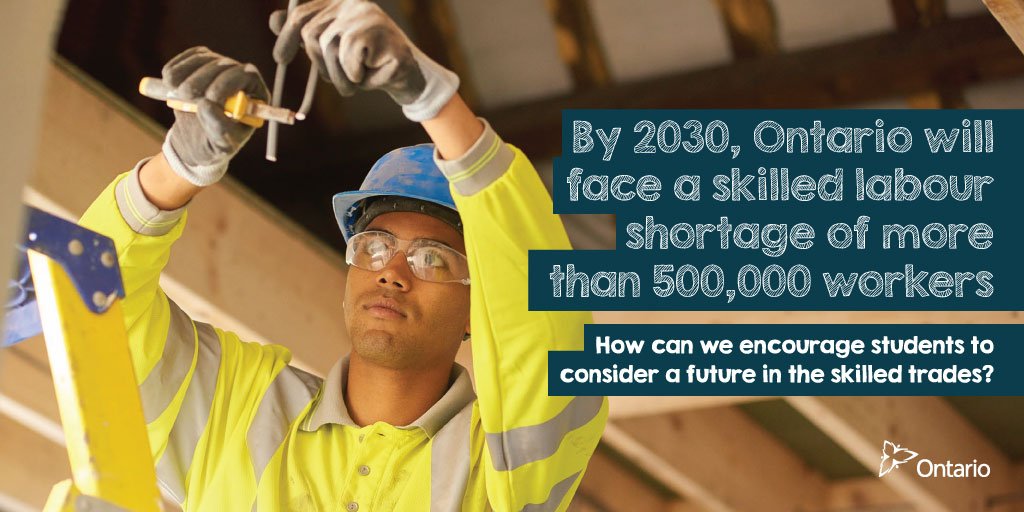 ONeducation's tweet photo. It is estimated that by 2030, our province will experience a significant skilled labour shortage. 

How can we encourage students to consider a future in the skilled trades? https://t.co/OnWw9Kmcbs