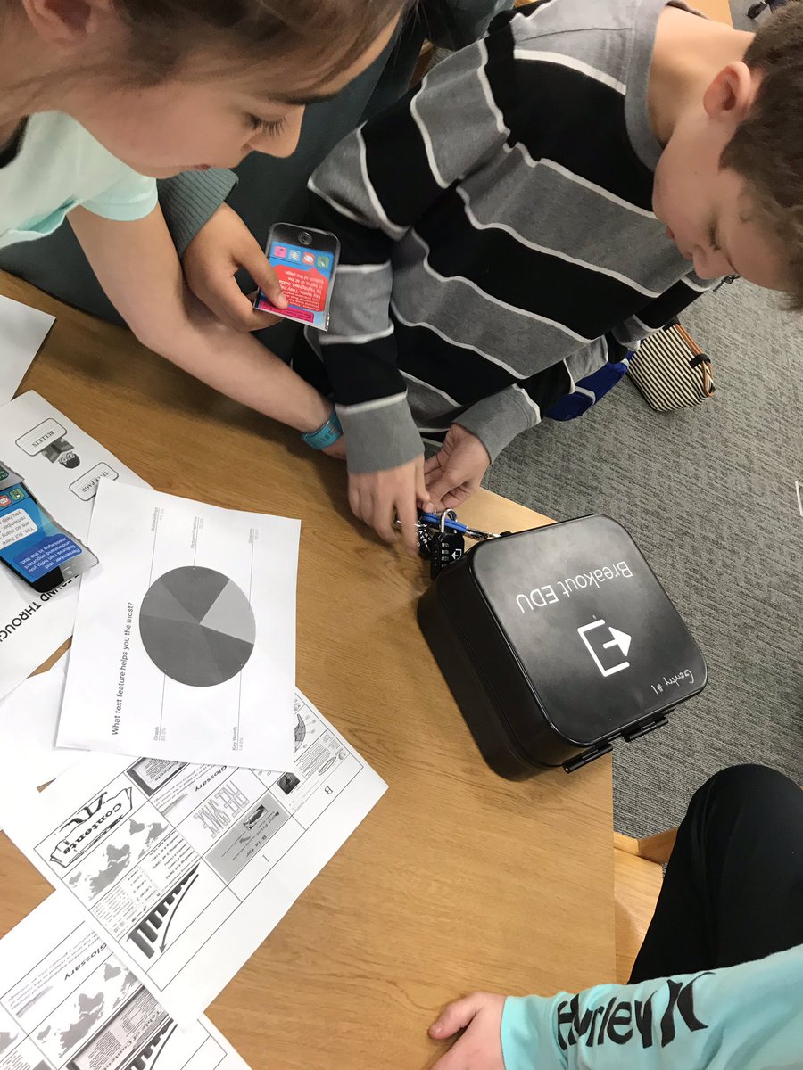 ken_koster's tweet photo. Text features breakout boxes going great with 6th graders @GMSJags with great problem solving and collaboration to solve many clues and puzzles, love the engaged thinking learners! #cpsbest https://t.co/2VEOaLL7zO