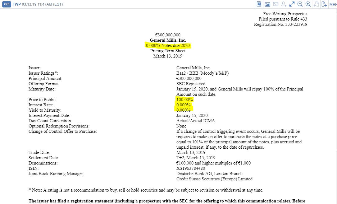 BarbarianCap's tweet image. BBB credit @GeneralMills $GIS borrowing euros at 0.000% and pricing at 100.