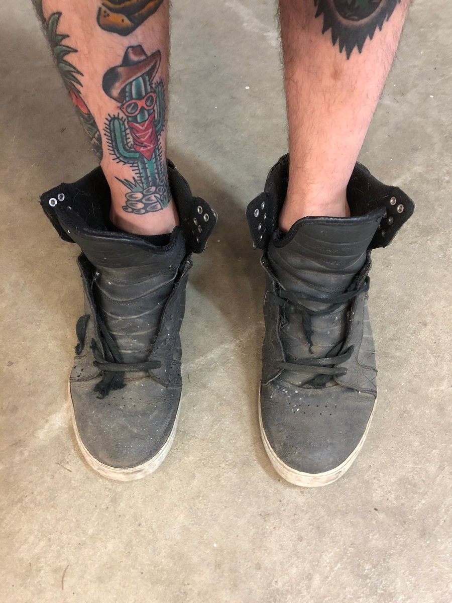 Chadiator's tweet photo. @SupraFootwear just wanted to say I’ve been wearing these high tops for a good chunk of the last decade. They used to be going out shoes, now they’re for welding, woodwork, etc. Still my go to! #longlivehightops https://t.co/cq9yUREK0o