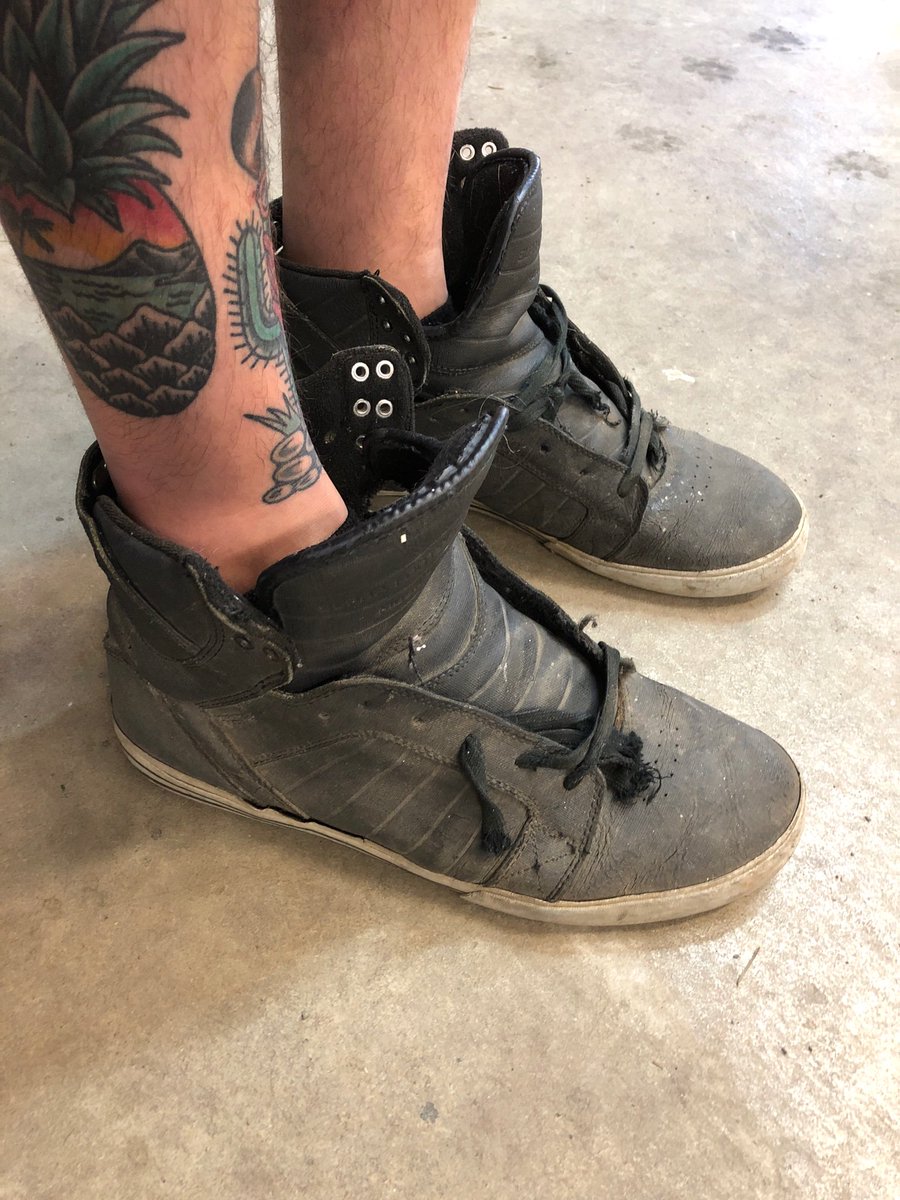 Chadiator's tweet photo. @SupraFootwear just wanted to say I’ve been wearing these high tops for a good chunk of the last decade. They used to be going out shoes, now they’re for welding, woodwork, etc. Still my go to! #longlivehightops https://t.co/cq9yUREK0o