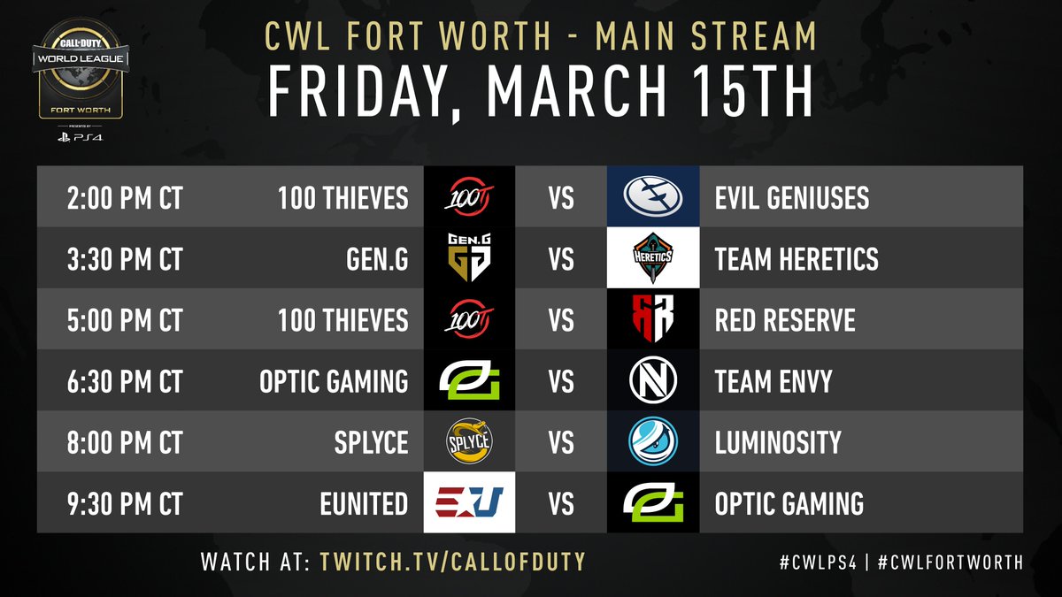 CODLeague's tweet photo. It all begins tomorrow: Join us for the start of #CWLPS4 Fort Worth! https://t.co/jZ3bp06oHo

Stream start time:
11:30am PT
1:30pm CT
2:30pm ET
6:30pm GMT https://t.co/n0YFpYN7B4