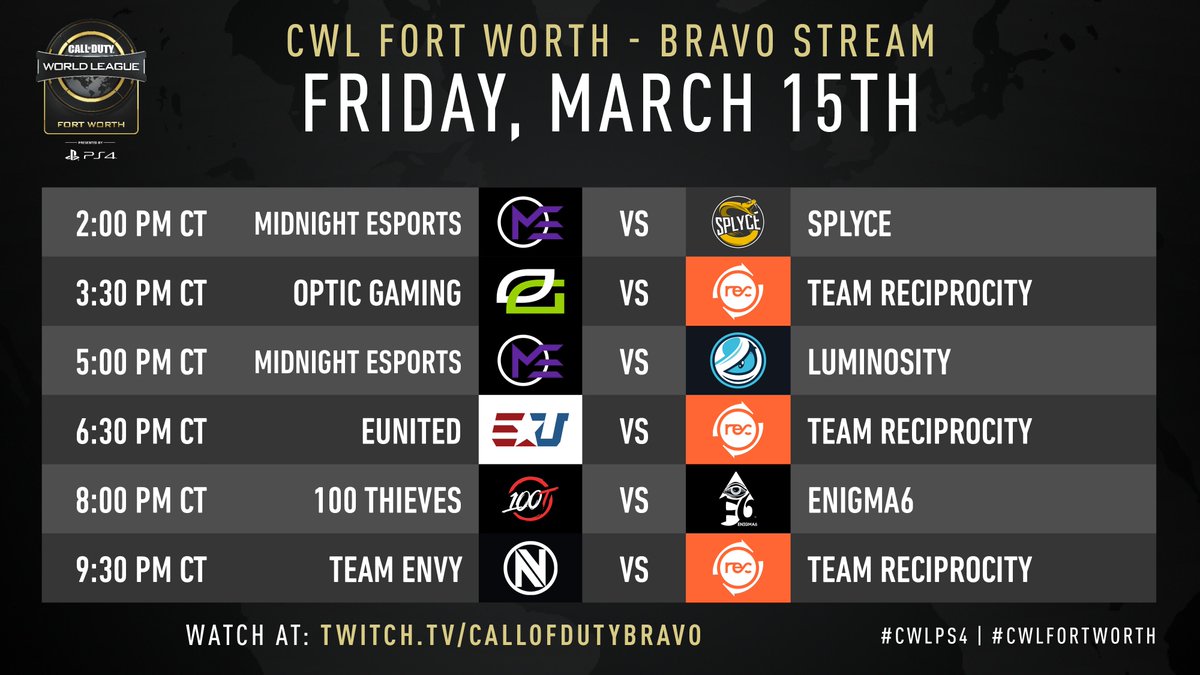CODLeague's tweet photo. It all begins tomorrow: Join us for the start of #CWLPS4 Fort Worth! https://t.co/jZ3bp06oHo

Stream start time:
11:30am PT
1:30pm CT
2:30pm ET
6:30pm GMT https://t.co/n0YFpYN7B4