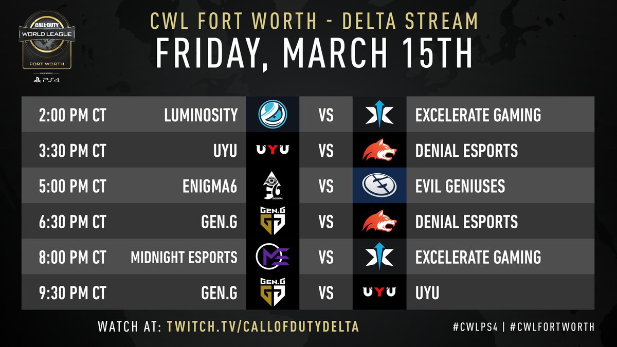 CODLeague's tweet photo. It all begins tomorrow: Join us for the start of #CWLPS4 Fort Worth! https://t.co/jZ3bp06oHo

Stream start time:
11:30am PT
1:30pm CT
2:30pm ET
6:30pm GMT https://t.co/n0YFpYN7B4