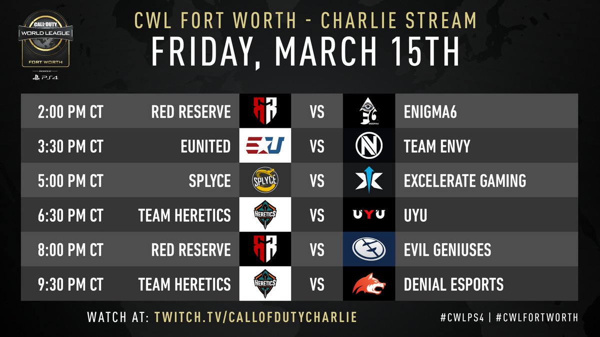 CODLeague's tweet photo. It all begins tomorrow: Join us for the start of #CWLPS4 Fort Worth! https://t.co/jZ3bp06oHo

Stream start time:
11:30am PT
1:30pm CT
2:30pm ET
6:30pm GMT https://t.co/n0YFpYN7B4