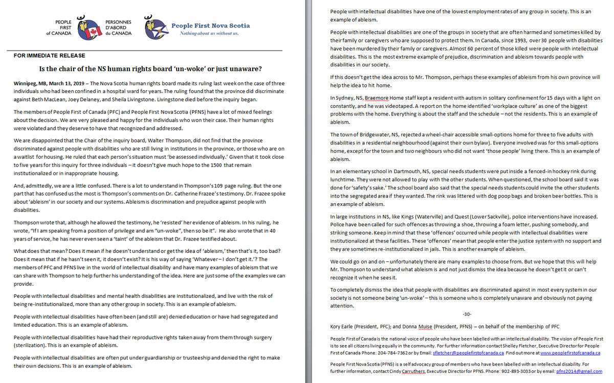 PeopleFirstCA's tweet photo. Below is a news release from People First of Canada and People First of Nova Scotia regarding the Nova Scotia human rights hearing ruling that was made last week. https://t.co/6VgeSAusLJ