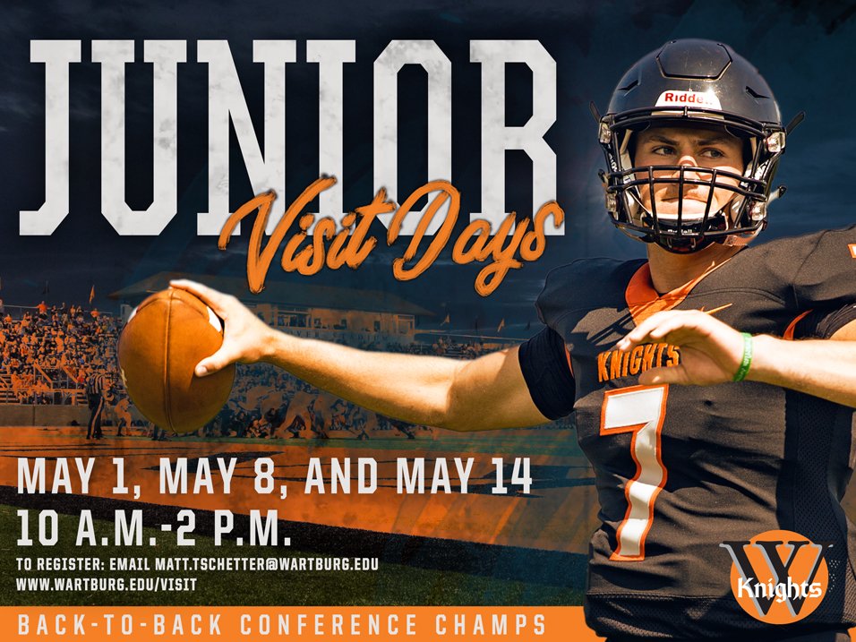 WartburgFB's tweet photo. Join us for a Junior Day this May &amp; get an inside look at what @WartburgFB &amp; @WartburgCollege have to offer! Follow the link to register! https://t.co/GTymxrjvFm  #GoKnights https://t.co/Uv9xwxpjZz