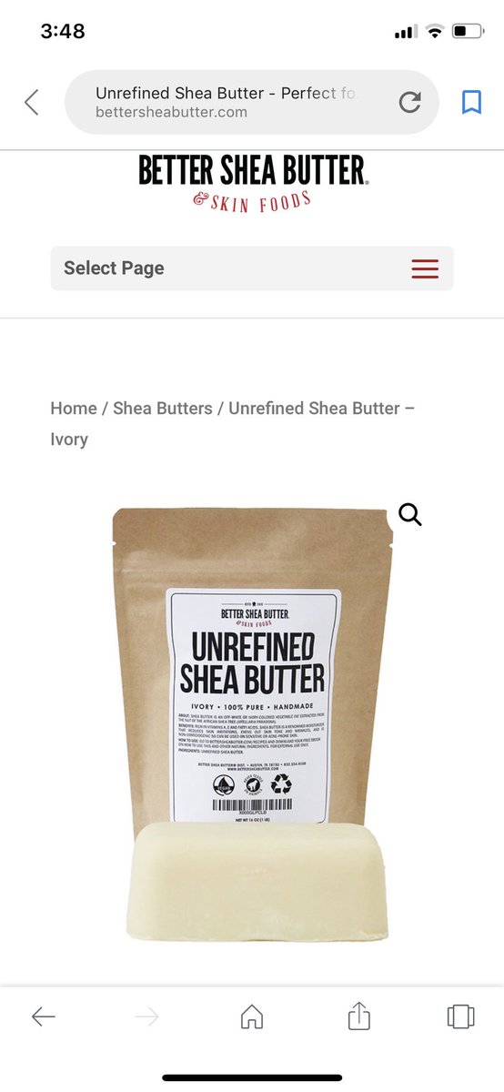 Better Shea Butter. I make my own lotion using this & combining other carrying oils/essential oils, after boiling. Put in a huge jar & chill in the fridge.Lasts for months.