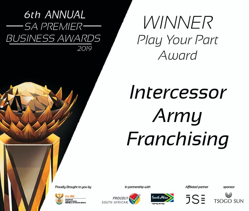 Ninth Award of the evening is Play Your Part and it goes to Intercessor Army Franchising.

<a href="/the_dti/">Technical Information Center</a> <a href="/ProudlySA/">Proudly South African</a> <a href="/Brand_SA/">@Brand_SA</a>

#SAPBA19