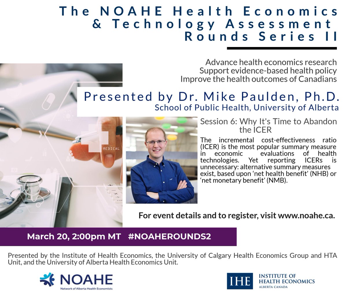 NetworkofABHE's tweet photo. Join us next Wednesday, Mar. 20, 2019 at 2:00pm MT for the next #NOAHE Rounds, as Dr. Mike Paulden presents "Why It's Time to Abandon the ICER". Register here: https://t.co/BMDZ8drf4O https://t.co/5DoXV5T7d4