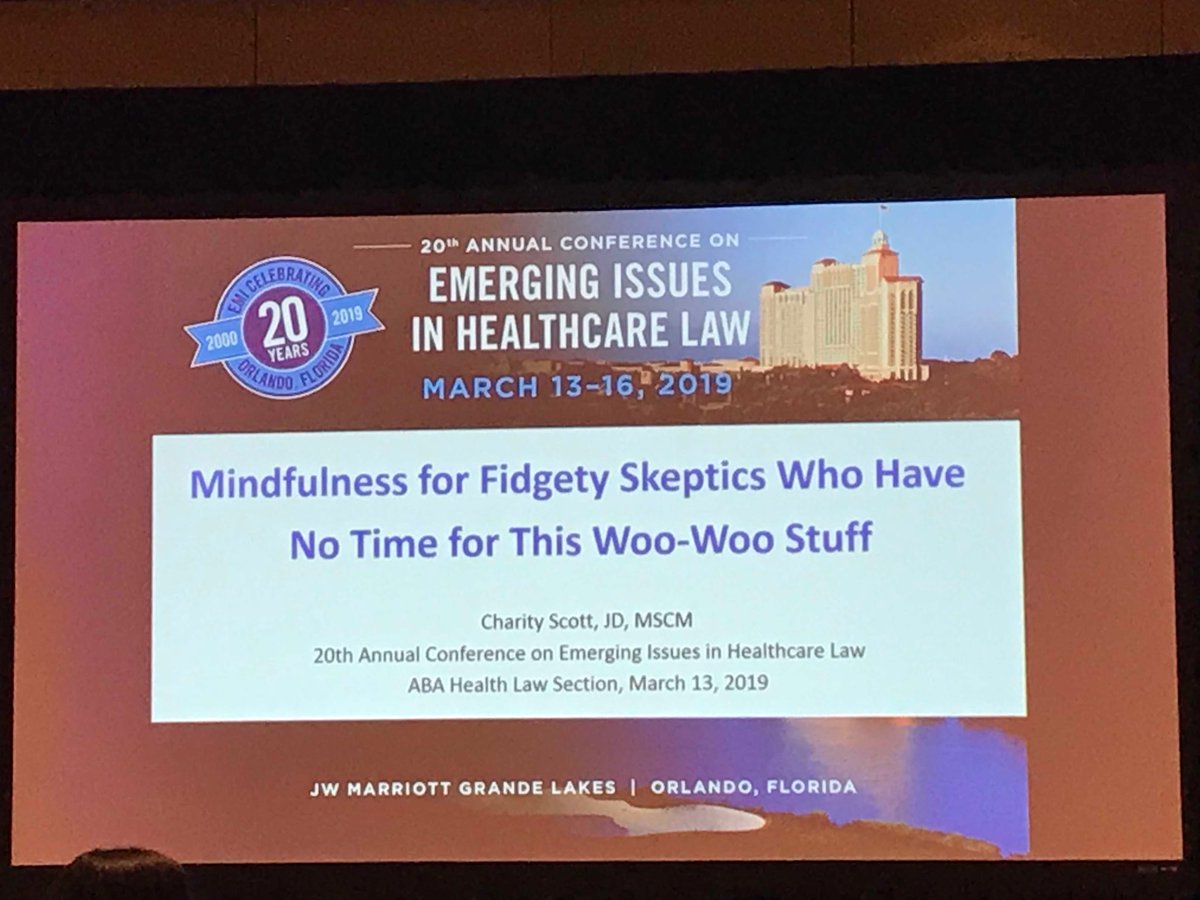 alexandrialaw's tweet photo. The default mind is a wandering (and unhappy) mind. I’m excited to learn about the science and impact of #mindfulness from Charity Scott. #EMI19 #ABAHealthLaw #ABAHLS https://t.co/5KdXavP0FW