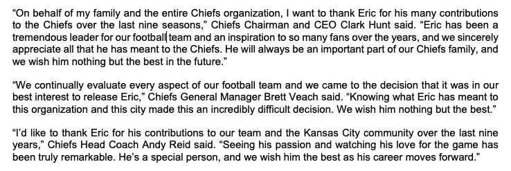 ChiefsReporter's tweet photo. Quotes on the release of veteran safety Eric Berry from #Chiefs Chairman and CEO Clark Hunt, head coach Andy Reid, and general manager Brett Veach. https://t.co/ibDvPWjtQk