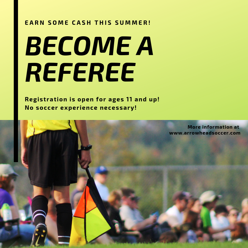 arrowheadsoccer's tweet photo. Work outside! Create your flexible schedule! Earn cash! AYSA welcomes all adults and youth ages 11 and up to become a referee this summer! Learn more at https://t.co/K0vzeFro29 https://t.co/CyOK3BC32X
