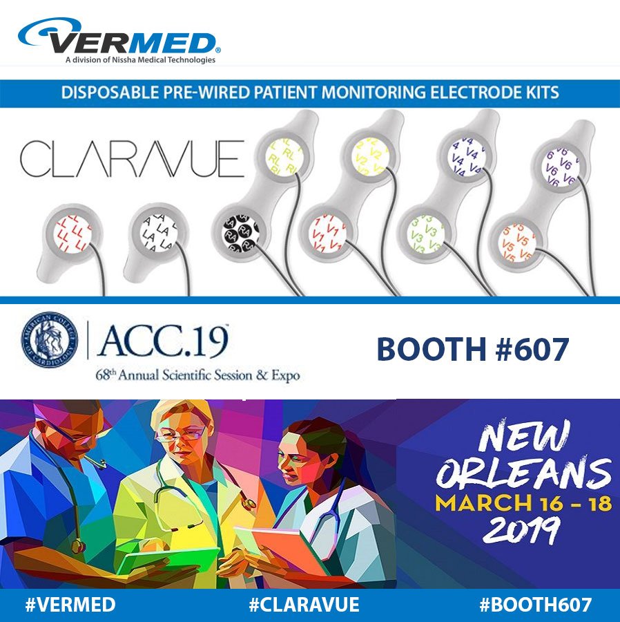 VermedGlobal's tweet photo. ACC 2019 is just around the corner!  Visit us in New Orleans, March 16-18 at booth #607 to see why CLARAVUE is the best-in-class, hygienic solution for extremely precise, radiolucent patient monitoring! #Vermed #CLARAVUE https://t.co/RKvut8Stih