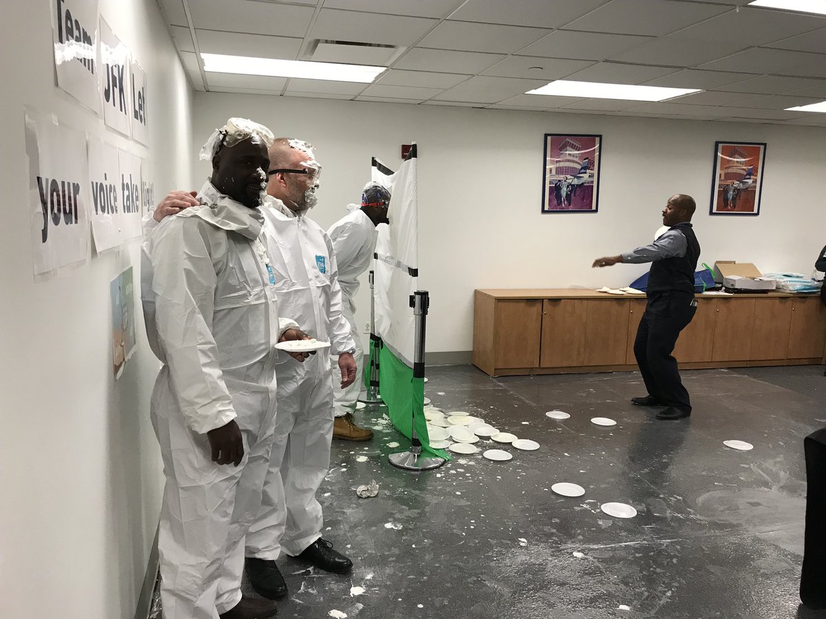 Juan_Ruano_'s tweet photo. Encouraging our Crewmembers to complete their SpeakUp survey! How did we do it?! The Crew got to throw a pie at our face! @JetBlue @DonUselmann @HelloJetBlue #culture #culturematters #fun https://t.co/tKtdOXhUJL